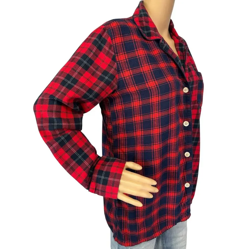 J. Crew Flannel Pajama Top Red Mixed Plaid F8383 Size XS